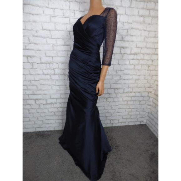 $558 La Femme 30138 Navy Blue Satin Ruched Trumpet Illusion Gown 12 NEW - Picture 9 of 16